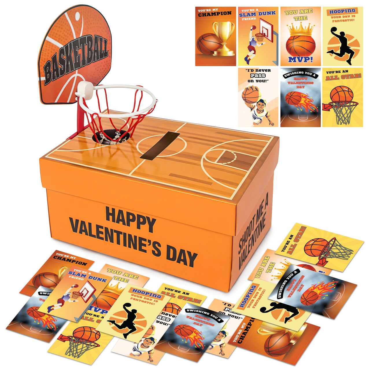 4E's Novelty Basketball Valentine Box with 32 Cards for Boys - DIY Basketball Valentines Box Classroom Kit, Valentines Card Boxes for Boys School Exchange, Valentine Day Box for Classroom Exchange